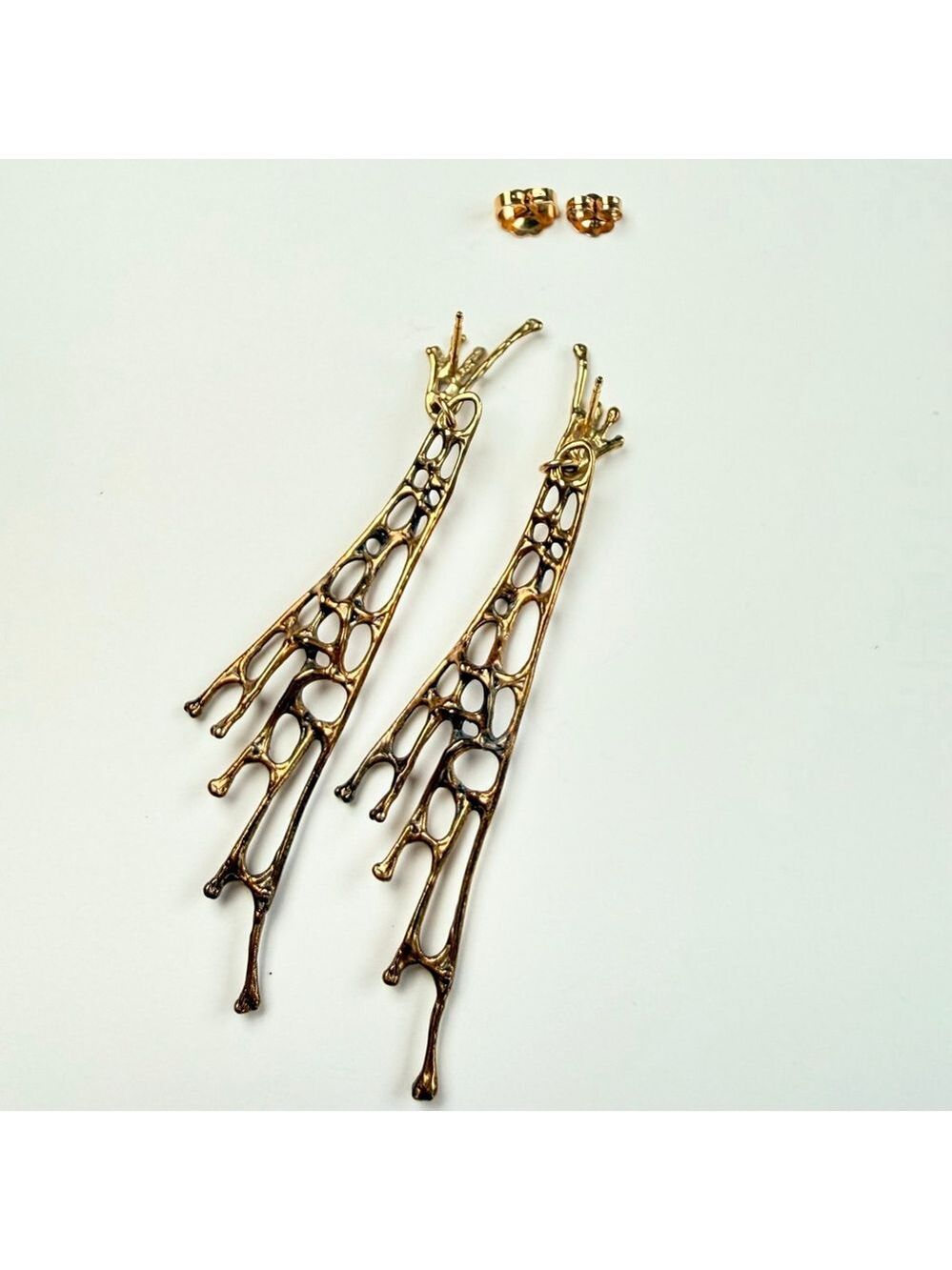 Estate 14K Solid Gold Brutalist Abstract Sculptural Web Drip 2.6" MCM Earrings - Picture 4 of 11
